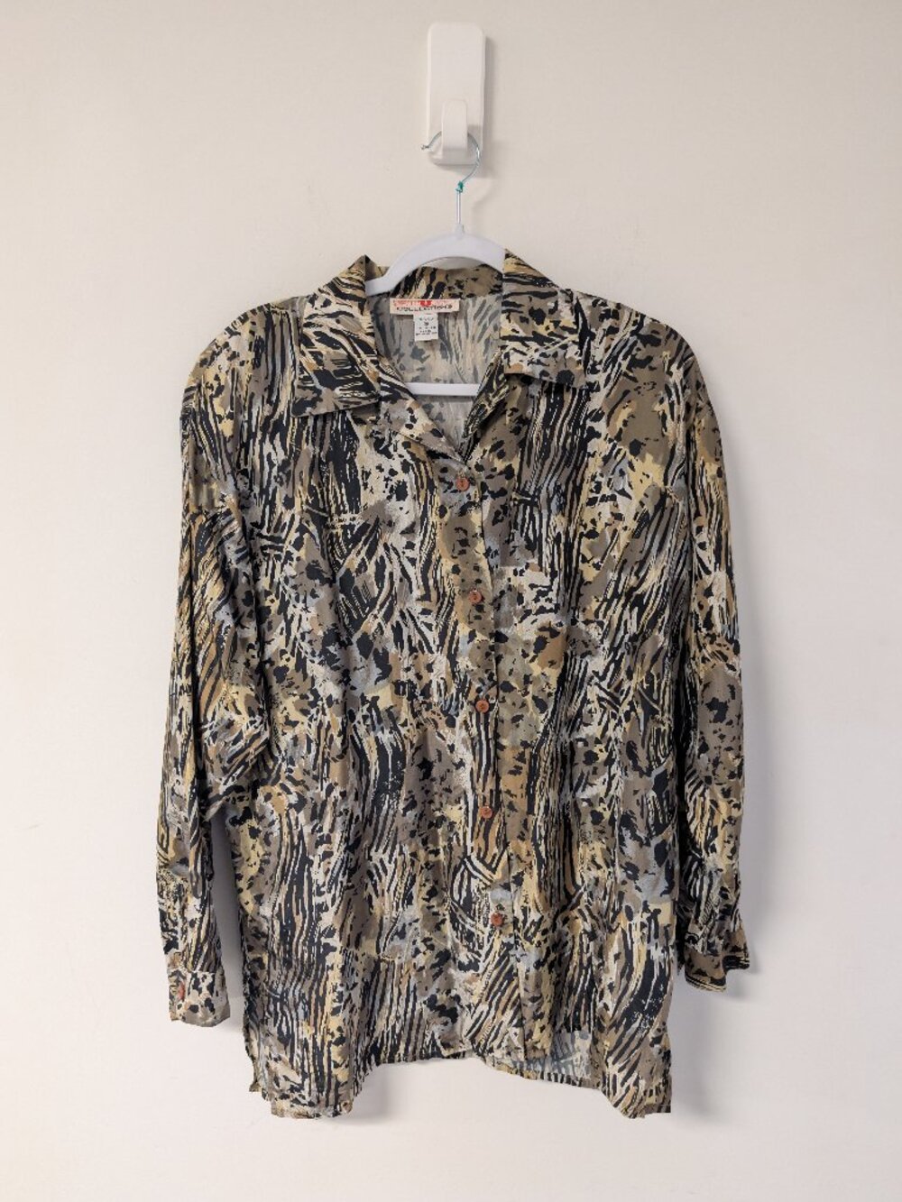 Vintage Silk Animal Print Abstract Button Down Blouse